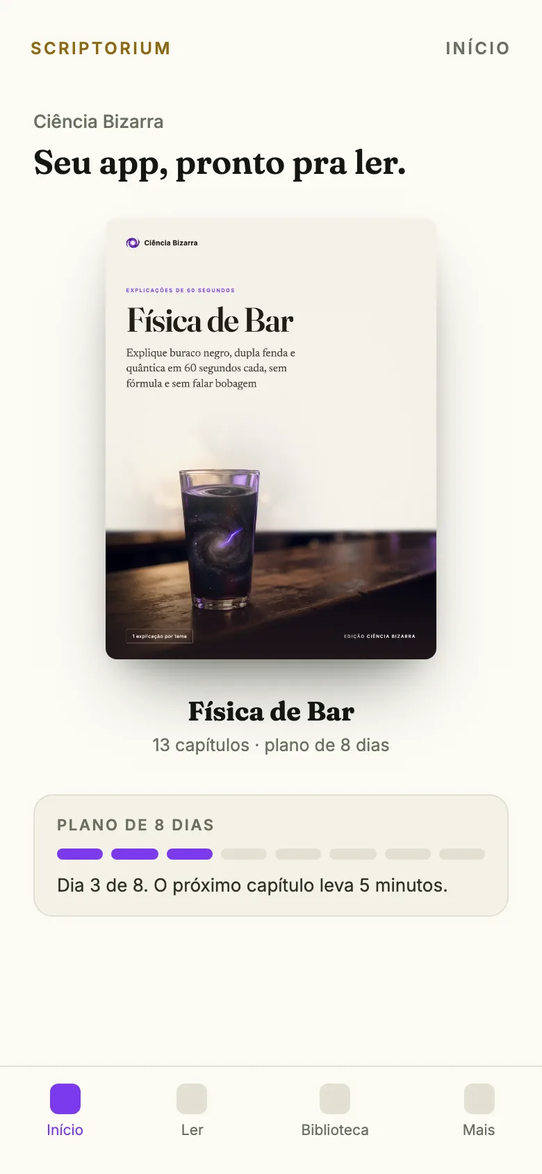 Capa do app: o ebook Física de Bar aberto na tela Início, com o plano de 8 dias