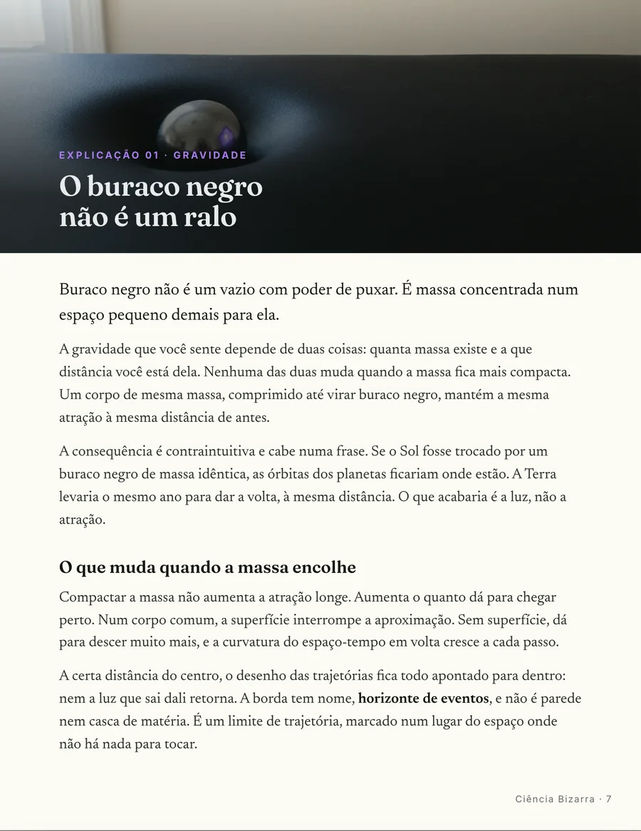 Abertura de explicação: Cada explicação abre em cena: o buraco negro não é um ralo, é massa concentrada